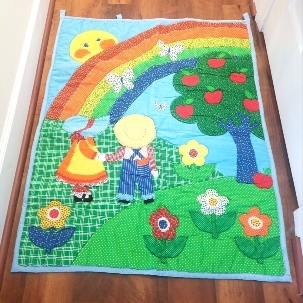Vintage Farm Children Girl Boy Apple Tree Rainbow Nursery Quilted Wall Hanging